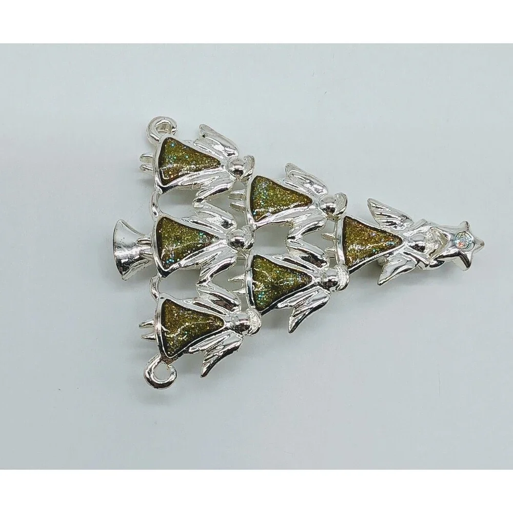 Silver Tone Enamel Christmas Tree Brooch Pin Angels
